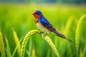 Obraz premium Barn Swallow in Paddy Field - High-Resolution Wildlife Stock Photo