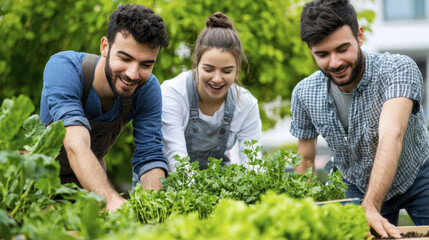 Gardening enthusiasts working together in lush green garden, smiling and enjoying their time