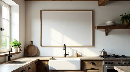 Rustic Kitchen Interior Design Mockup Featuring a Blank Frame Above Farmhouse Sink and Wooden Countertop