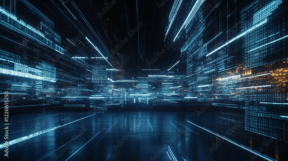 Poster futuristic digital city with neon light trails and virtual data grid. business background