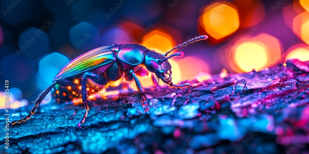 Poster a vibrant and colorful close-up of a beetle crawling on a textured surface. this image showcases the
