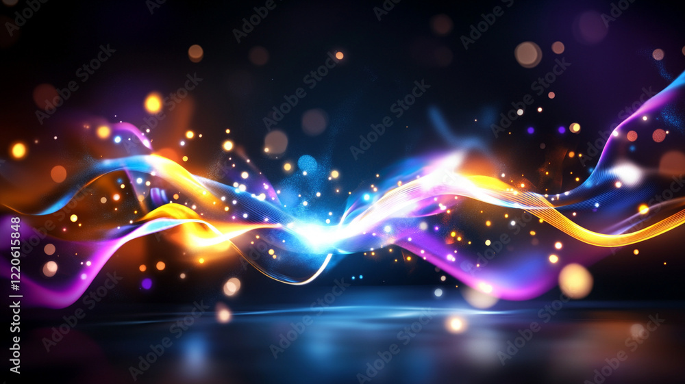 Poster dynamic abstract waveforms with glowing particles and vibrant hues