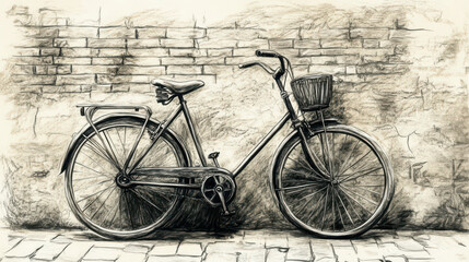 A charcoal sketch of a vintage bicycle leaning against a weathered brick wall, intricate details of the bicycle spokes, soft shading to create depth