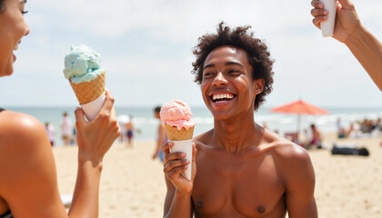 Joyful teenage boy laughing while eating ice cream at the beach, happiness