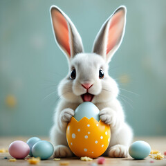 Obraz premium Adorable Fluffy White Bunny Holding a Pastel Easter Egg