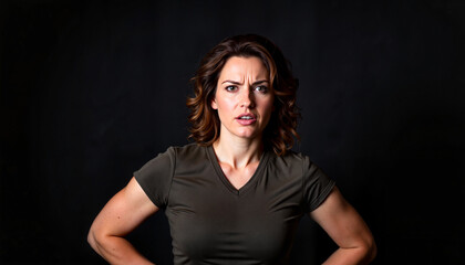 Angry woman confronting with fists on hips in dark setting, empowerment