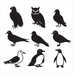Obraz premium silhouette image of a black filled bird icons set with a white background.