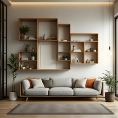 Modern Minimalist Living Room Interior with Gray Sofa and Light Wood Shelving