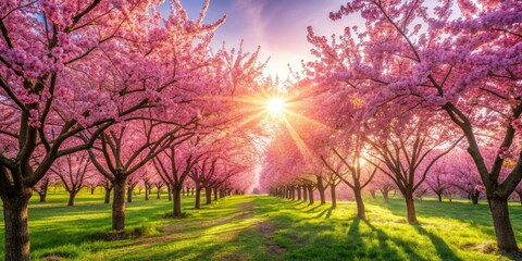 A breathtaking panorama of pink cherry blossoms in full April bloom, showcasing Japanese cherry trees.