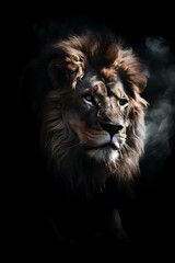 Fototapeta premium A Regal Lion Gaze Emerges From Dark Shadow With Mysterious Smoke Around Majestic Mane.
