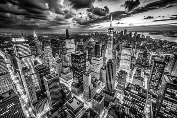 Black and White Aerial Cityscape: Urban Skyline Panorama