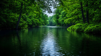 Obraz premium Calm River with Lush Greenery on Both Sides