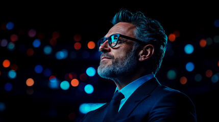Fototapeta premium Thoughtful Man in Suit Gazing at City Lights at Night