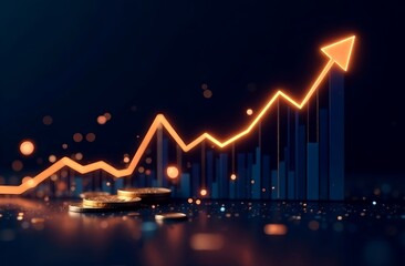 Stock market graph, cryptocurrency coins chart trending price up trend, digital finance. Cryptocurrency exchange chart, the exchange arrow is going up. dark background, futuristic style, flying coins