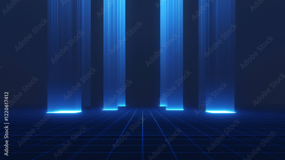 Aufkleber futuristic blue light columns on grid with abstract sci-fi atmosphere. business background