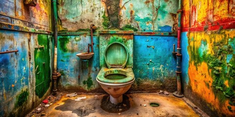 A close-up reveals a soiled squat toilet, highlighting sanitation challenges in rural India's impoverished communities.