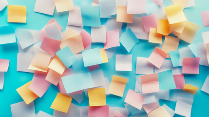 Obraz premium Abstract Pastel-Colored Sticky Notes on Blue Surface: A Creative Arrangement