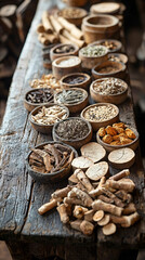 A neatly arranged selection of dried Chinese herbs on a wooden tray, with natural light casting soft shadows and highlighting their textures
