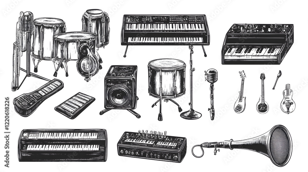 Poster Assorted Musical Instruments and Studio Equipment for Professional Composition and Performance