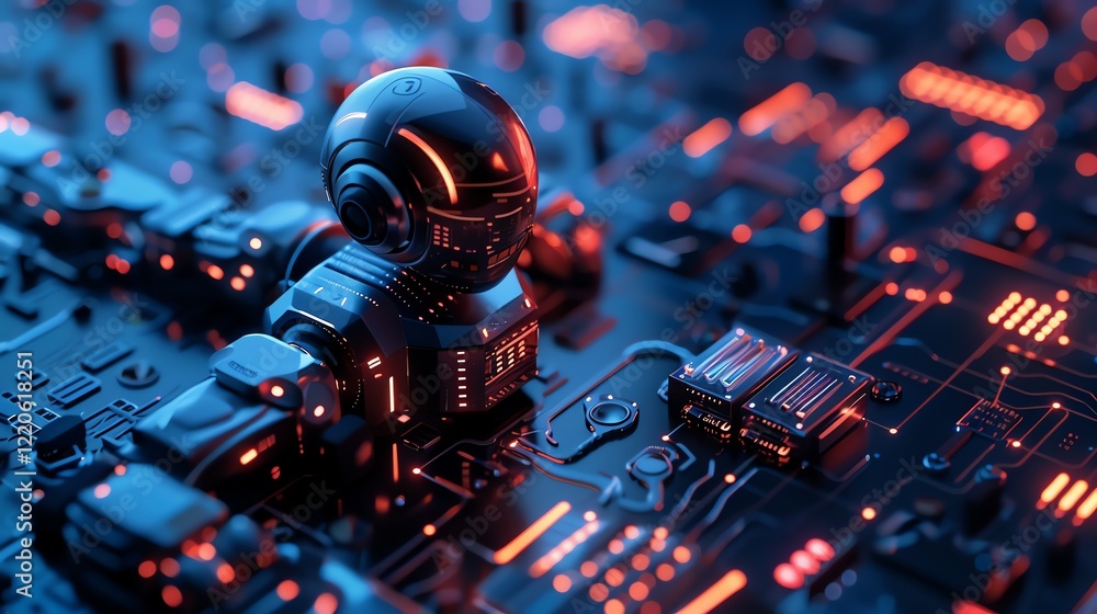 Poster a 3d render of a robotic head on a futuristic circuit board.