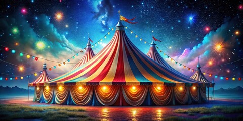 Vibrant circus tent under starry night sky with colorful lights and glittering decorations , twinkling, festive