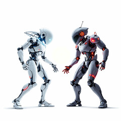 Two Humanoid Robots Facing Each Other, White and Red, Futuristic Digital Art