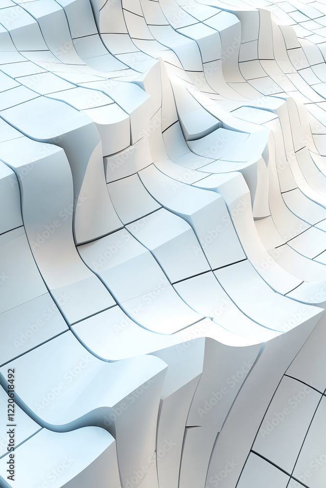 Poster abstract wavy geometric surface with white tiles and dynamic curves