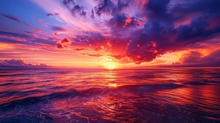 A vibrant sunset over the ocean, with red, orange, and purple clouds.