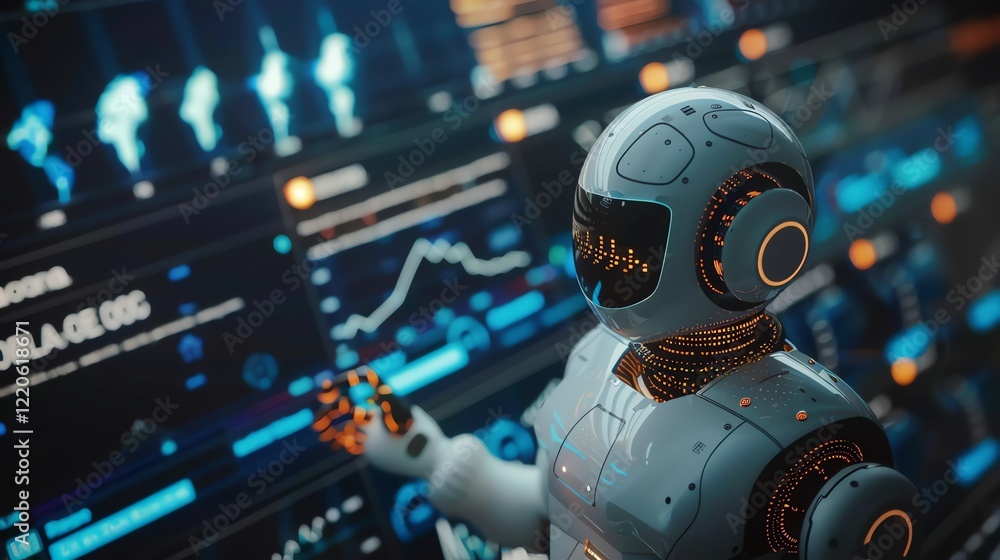 Poster a humanoid robot interacts with a digital screen displaying data.