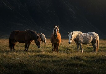 Fototapeta premium A realistic photograph of horses in a field with tall grass, featuring a dark mountain background with back daylight