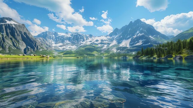 A scenic mountain lake with clear water and a bright blue sky.