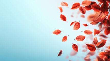 Autumn background with red and orange leaves falling in the air on a light blue sky background, with copy space. Autumn nature background. Fall season abstract background.