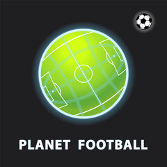 Football green planet on the black background. Ball as a moon. Soccer stadium Logo. Vector illustration