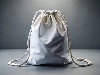 Blank White Drawstring Bag Mockup: Gray Background, High-Resolution Product Photography