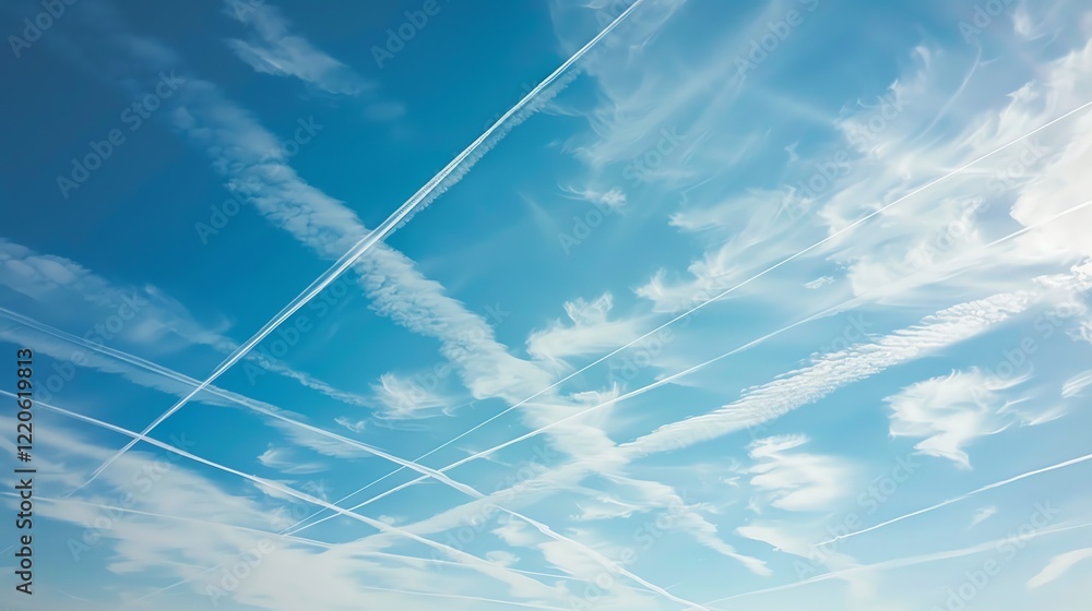 Poster a blue sky with white clouds and multiple contrails from airplanes.