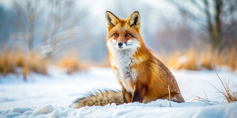 Fototapeta premium A regal red fox, winter's snowy cloak, a breathtaking wildlife capture.