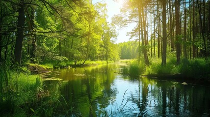 A tranquil scene of a river winding through a lush green forest.