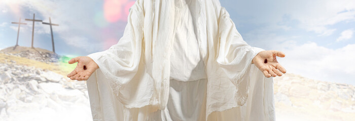 Man with open arms with stigmata, sign of love and trust is associated with the resurrected Savior...
