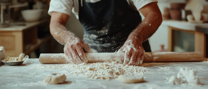 Flour dust floats as a baker expertly rolls dough, capturing the rustic ambiance and dedication behind handmade culinary crafts.