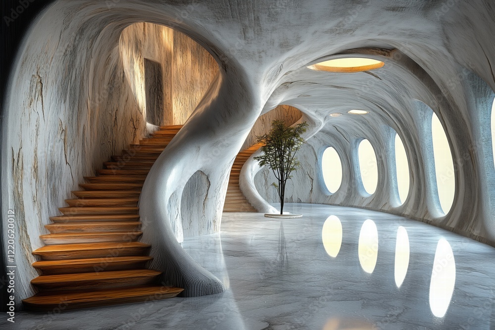 Poster a futuristic interior design style featuring smooth, organic shapes and flowing lines. the space inc