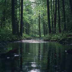 Serene Forest Stream: Tranquil Reflections in a Verdant Haven