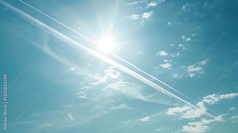 Poster a blue sky with fluffy white clouds and multiple contrails from airplanes.