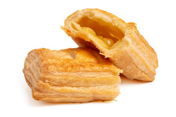 Pineapple filled pie,half sliced pies stick on white background..