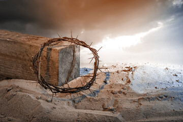 Crown of Thorns associated with the Passion of Jesus Christ. Fragment of a wooden cross symbol of...