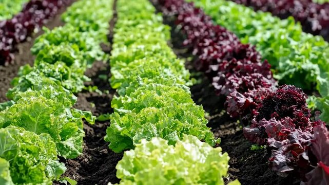 Greens grow in a plantation. Organic Salad Leaves Growing. Butterhead Salad Lettuce. Agricultural Farming. Fresh vegetable. Healthy food. Green Edible foliage. Fresh Vegetable backdrop. Veggies.