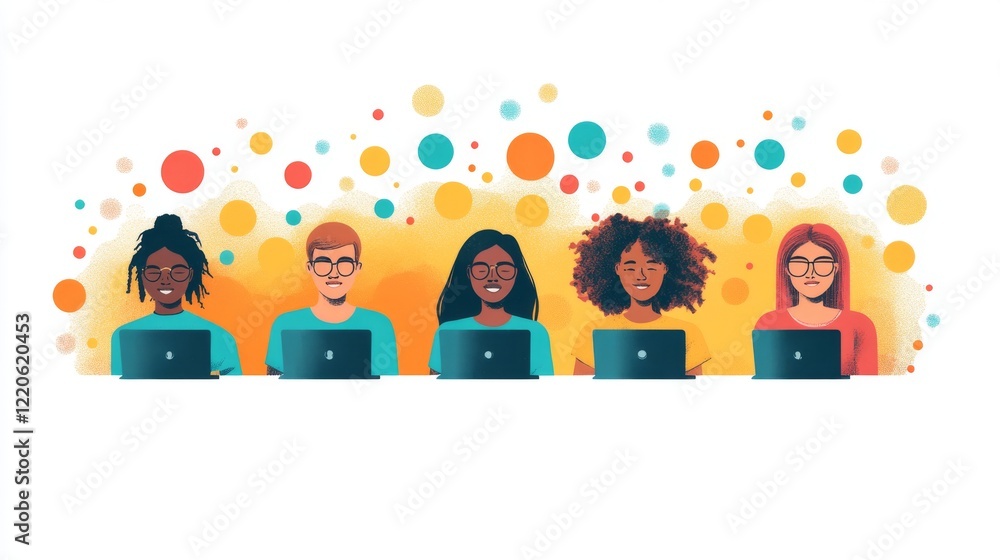 Poster diverse team working online on their laptops with colorful background representing connection and co