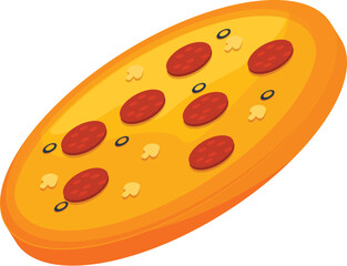 Floating pizza with pepperoni, mushrooms, and olives, representing italian cuisine and fast food