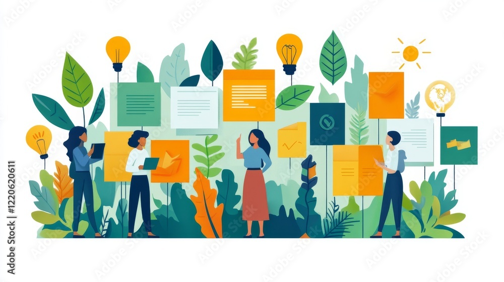Poster collaborative team brainstorming session with idea mapping and strategic planning in nature inspired