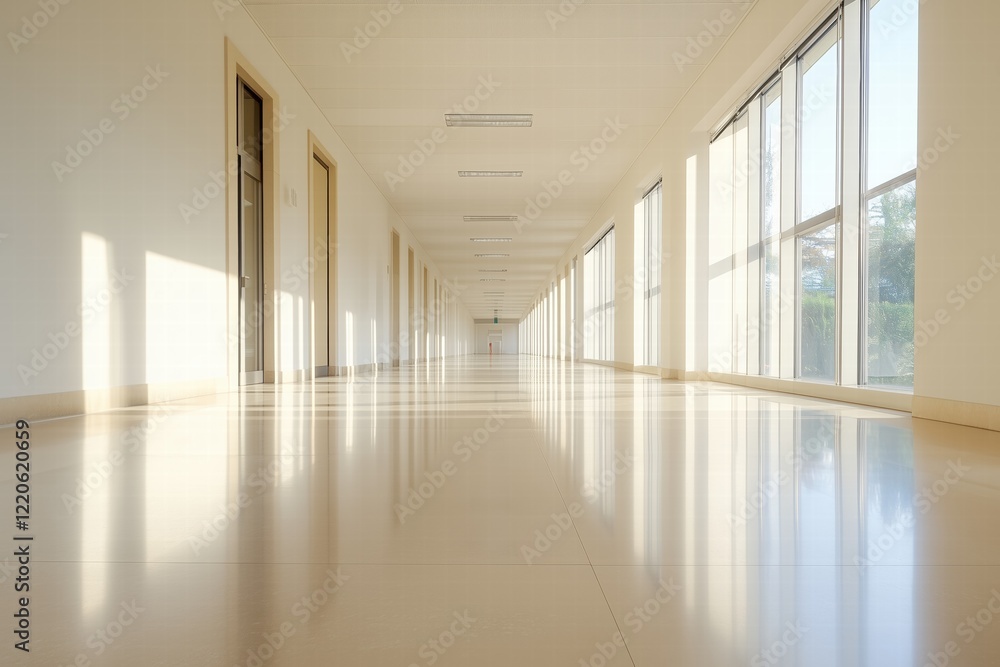 Poster a long, bright interior design style corridor with large windows allowing natural light to flood in.