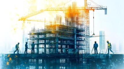 A city skyline with a crane in the background. The sky is orange and blue. There are people walking around the city